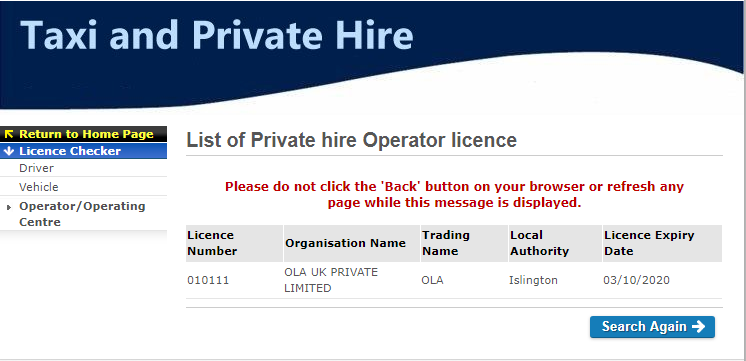 OLA London TfL licence