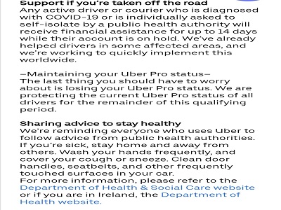 Uber Financial assistance drivers Coronavirus